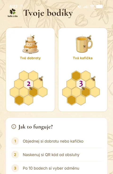 Appka Kafe z Úlu — bodíky ve včelích plástvích