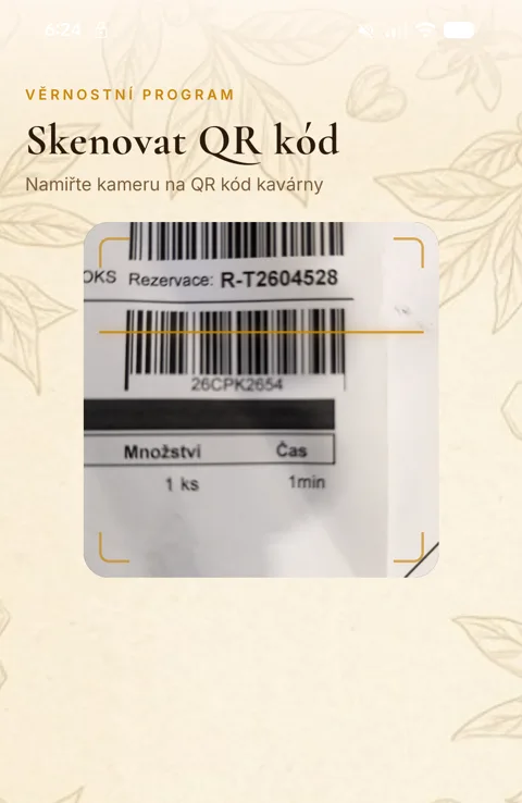 Appka Kafe z Úlu — skenování QR kódu